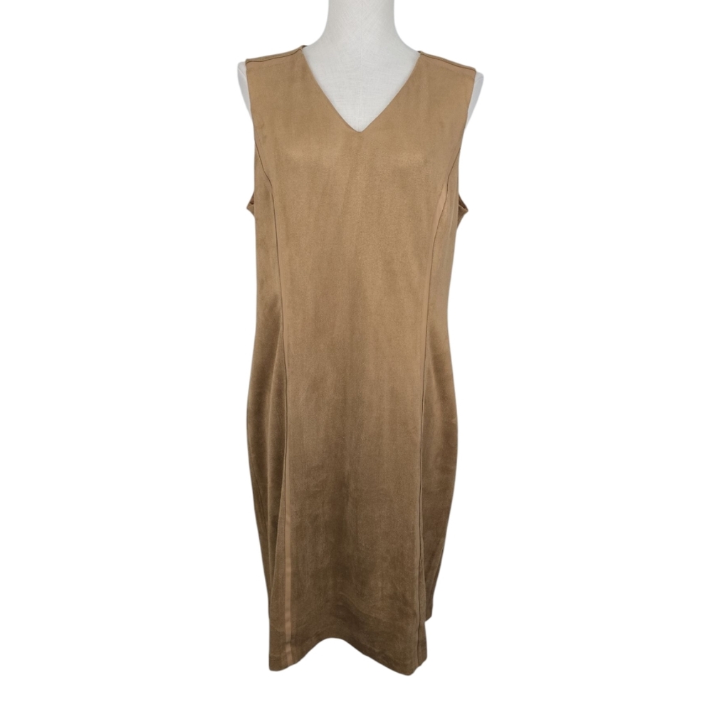 J. MCLAUGHLIN Dominique Vegan Leather Suede V Neck Sheath Dress Tan Size XL NWT